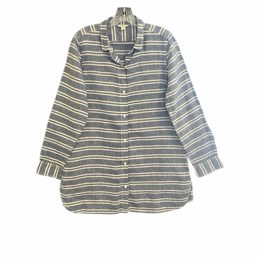 Garnet Hill Women’s Linen Tunic Blue and White Stripe Button Up Size XS
